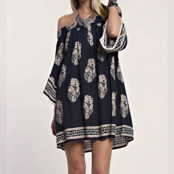 NWT Entro CASUAL OFF SHOULDER NAVY Mocha Print Mini DRESS Size Large - Picture 1 of 9
